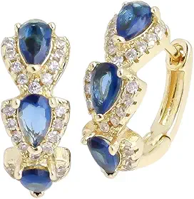 Brincos Argola Pequena Dourada com Cristal Safira, Banho Ouro 18k, Pedras Azuis em Formato Gota