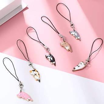 Yinkin 6 Pcs Cat Phone Charm Kawaii Cell Phone Charms Cute Hanging Cat Strap Aesthetic Animal Hanging Chain Accessories for Decoration, Backpack, Wallet, Keychain Pendant