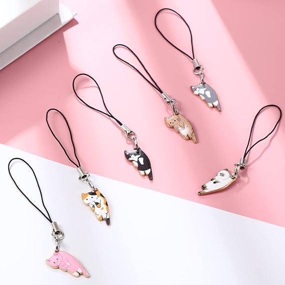 Yinkin 6 Pcs Cat Phone Charm Kawaii Cell Phone Charms Cute Hanging Cat Strap Aesthetic Animal Hanging Chain Accessories for Decoration, Backpack, Wallet, Keychain Pendant