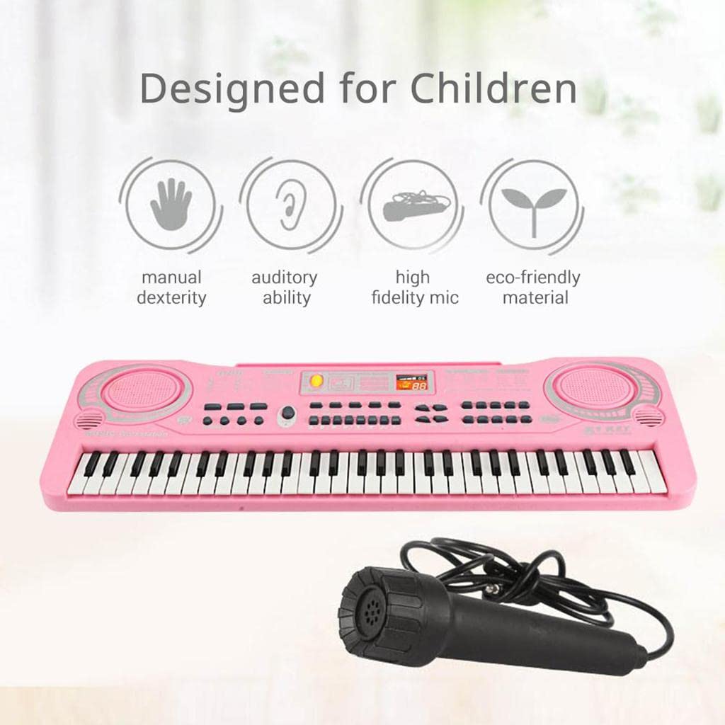 Piano Digital Teclado Musical Portátil Micrófono 61 Teclas Grabación USB Adecuado para Niños Enseñanza Musical en Casa Y Fiestas Infantiles, Rosado