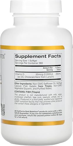 Miniatura 3 de Vitamin D3, 50 mcg (2,000 IU), 360 Fish Gelatin Softgels, California Gold Nutrition 2 Pack