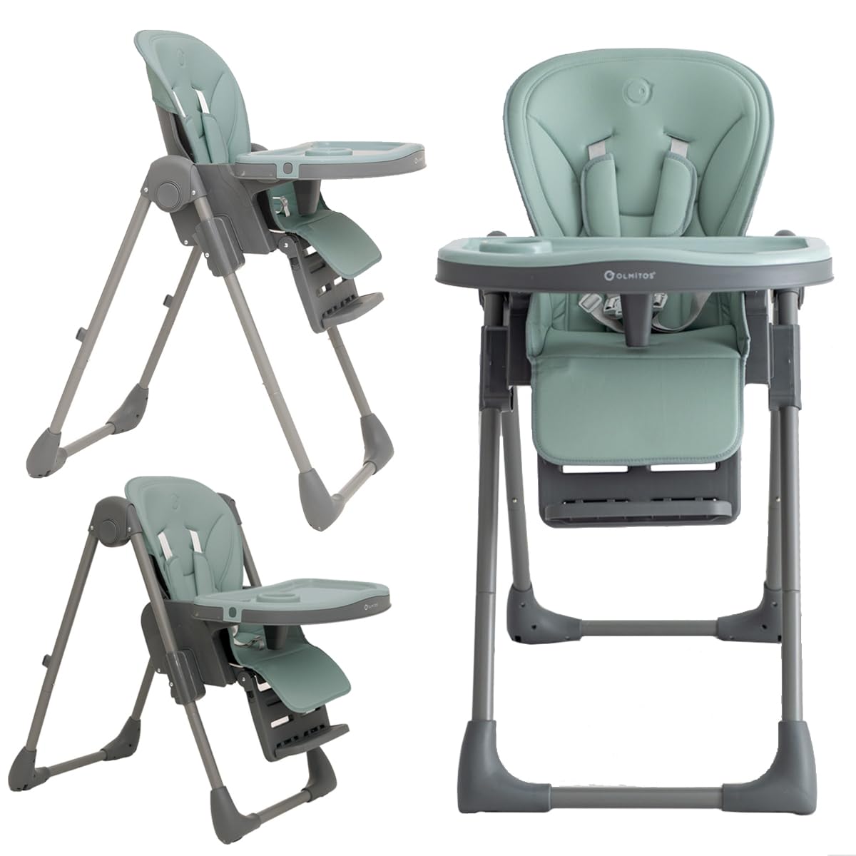 Olmitos Trona bebe multi posición ligera- Ajuste de altura y reclinable - Doble bandeja extraíble 3 posiciones - Funda de Polipiel Acolchada fácil limpieza- Arnés 5 Puntos hasta 3 años (Azul)