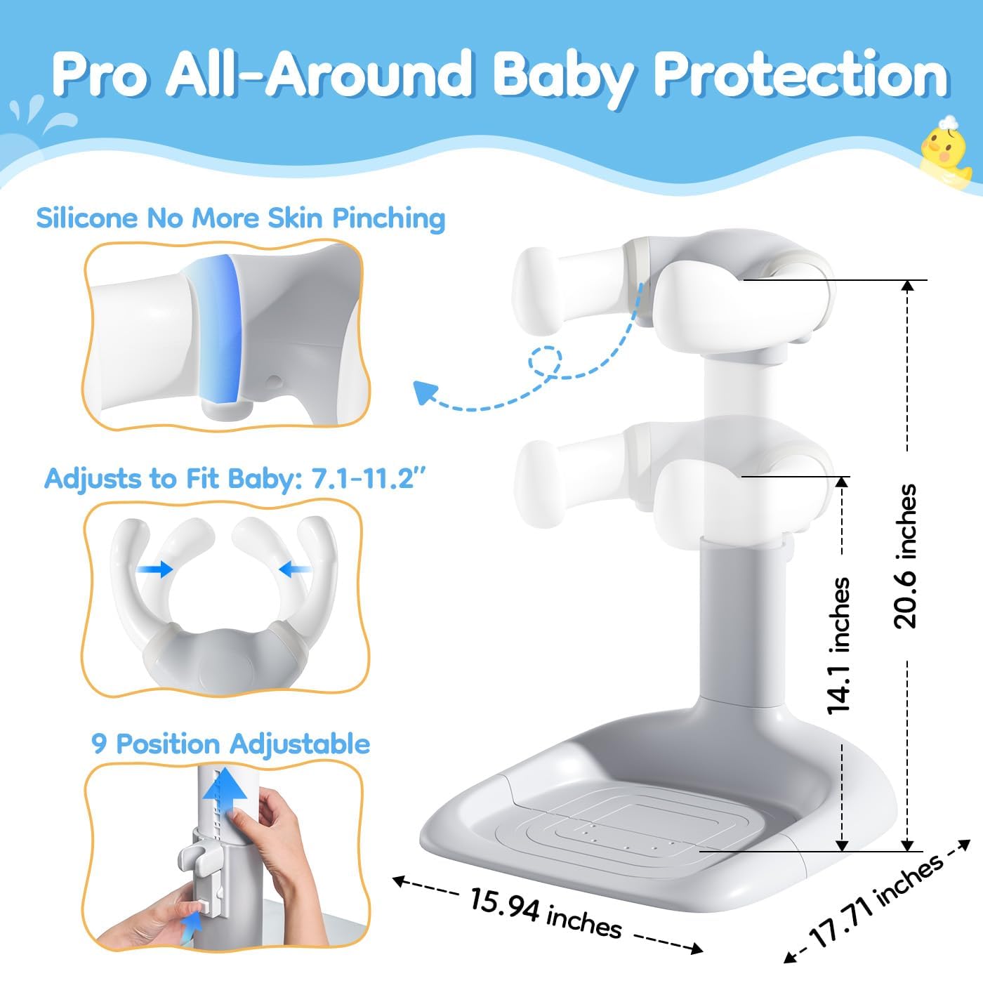 Upgraded Shower Stand with Anti-Pinch Silicone & Anti-Slip Base, Adjustable Height Bath Standing Support, Soporte para Bañera de Assist Holder, Ideal Gift, Gray