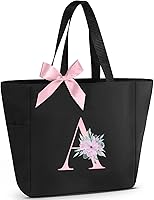 Vavabox A-Z Monogrammed Waterproof Tote Bag - Personalized Black Pink Floral Bridesmaid Gift for Women