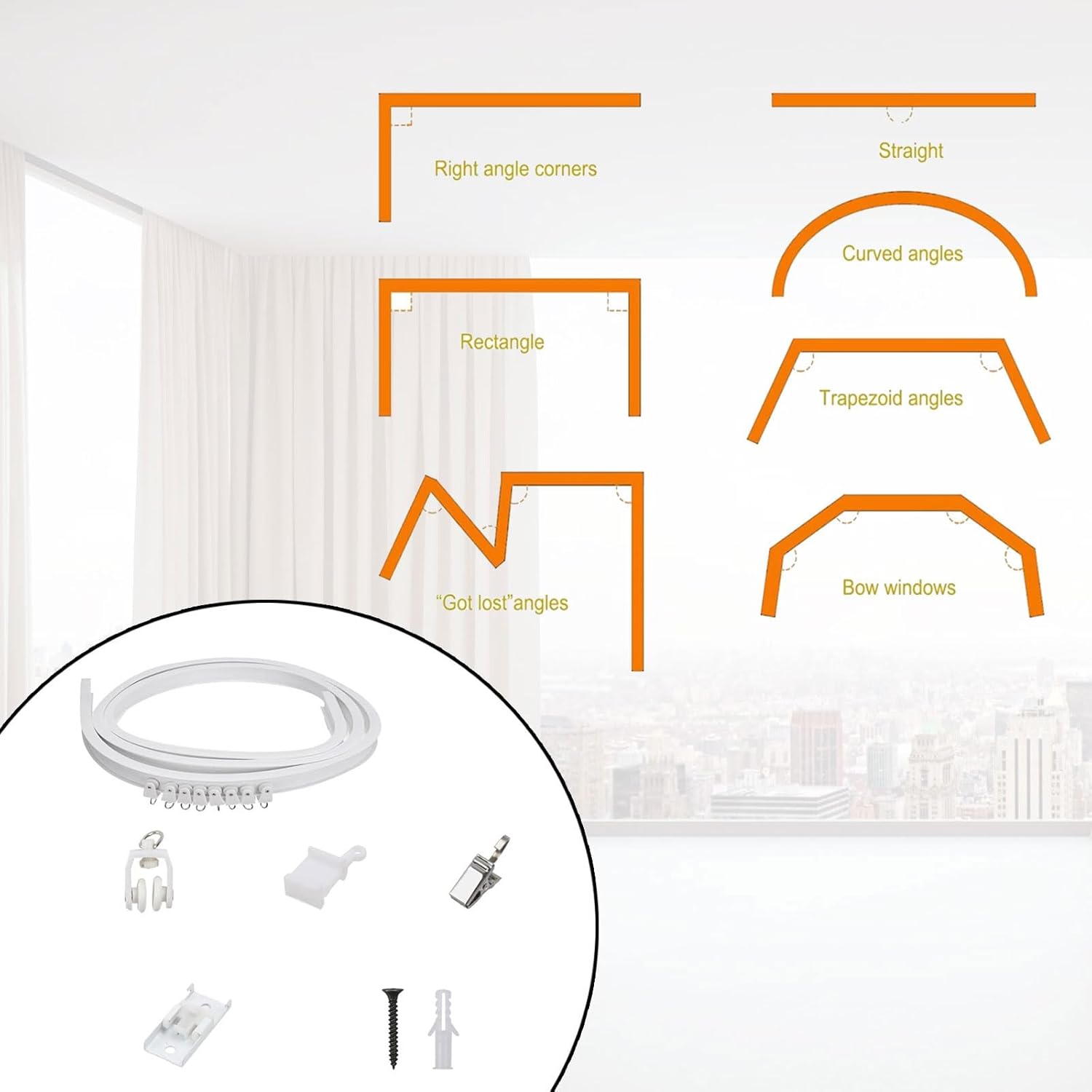 Multipurpose Curtain Track Kits 5 Meter Flexible Ceiling Wall Mount Curtain Rails Includes Rollers And Metal Clip Set