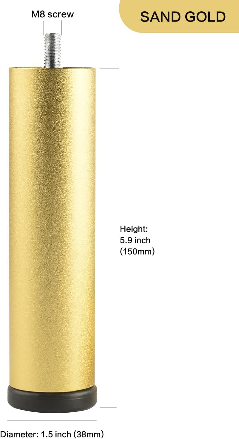 4 Pack 6 Inch Gold Metal Adjustable Furniture Risers Cylinder Legs Adjustable Support Feet for Bathroom Cabinet Desk and Couch Replacement Leg Screw in M8