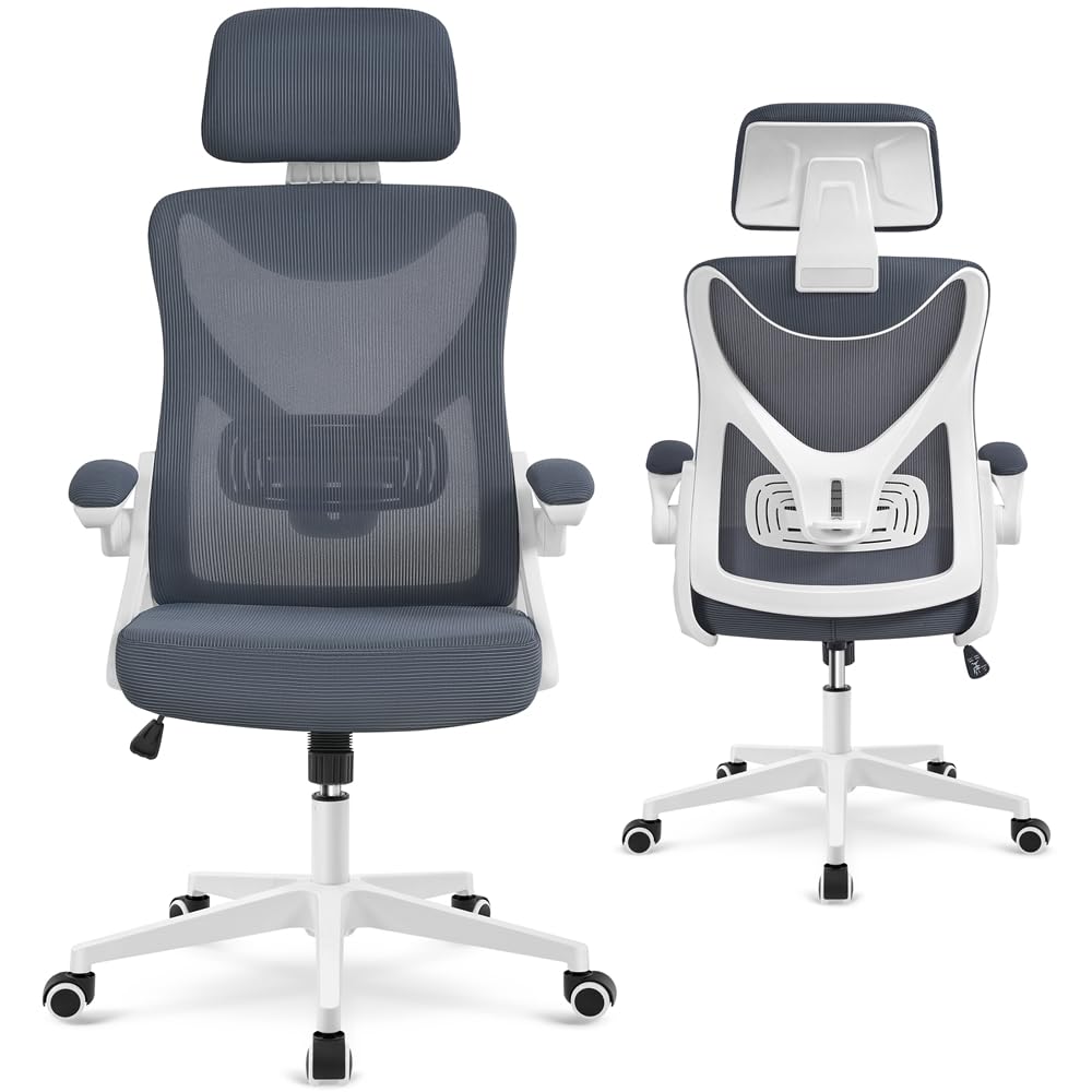 Yaheetech Silla de Oficina Ergonomica con Soporte Lumbar Blanco Gris | Reposabrazo Reposacabeza Ajustable, Base Giratoria de 70 cm, Malla Transpirable, Capacidad Max 150KG