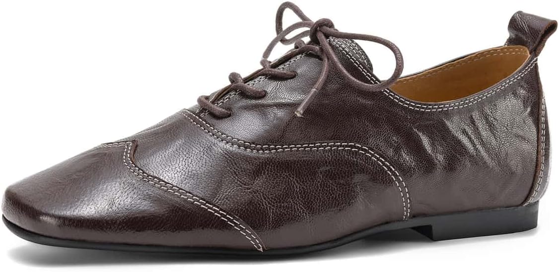 TinaCus Women's Baroque Oxfords Handmade Genuine Leather Retro Square Toe Lace-up Flats