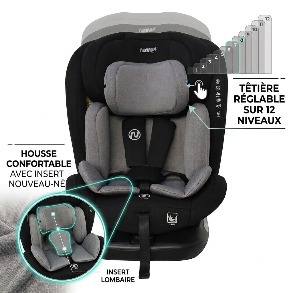 Nania - Obracany fotel samochodowy Phoenix o 360° - Rozmiar I 40-150 cm - Możliwość zmiany od urodzenia do ok. 12 lat - Grupa 0+/1/2/3 - Mocowanie ISOFIX - Ochraniacze boczne