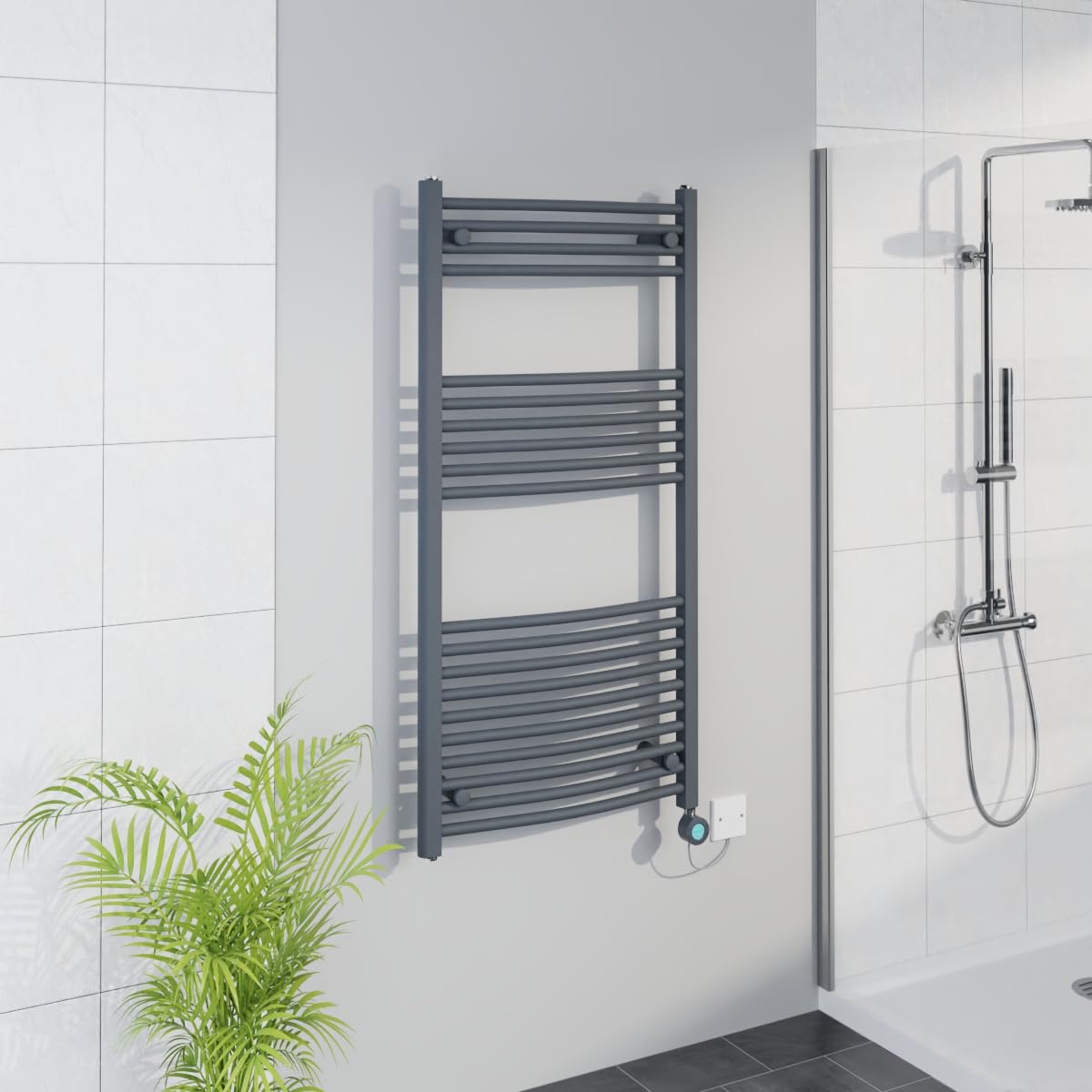 Warmehaus WiFi Electric Curved Heated Towel Rail Timer 1200x600mm Grey