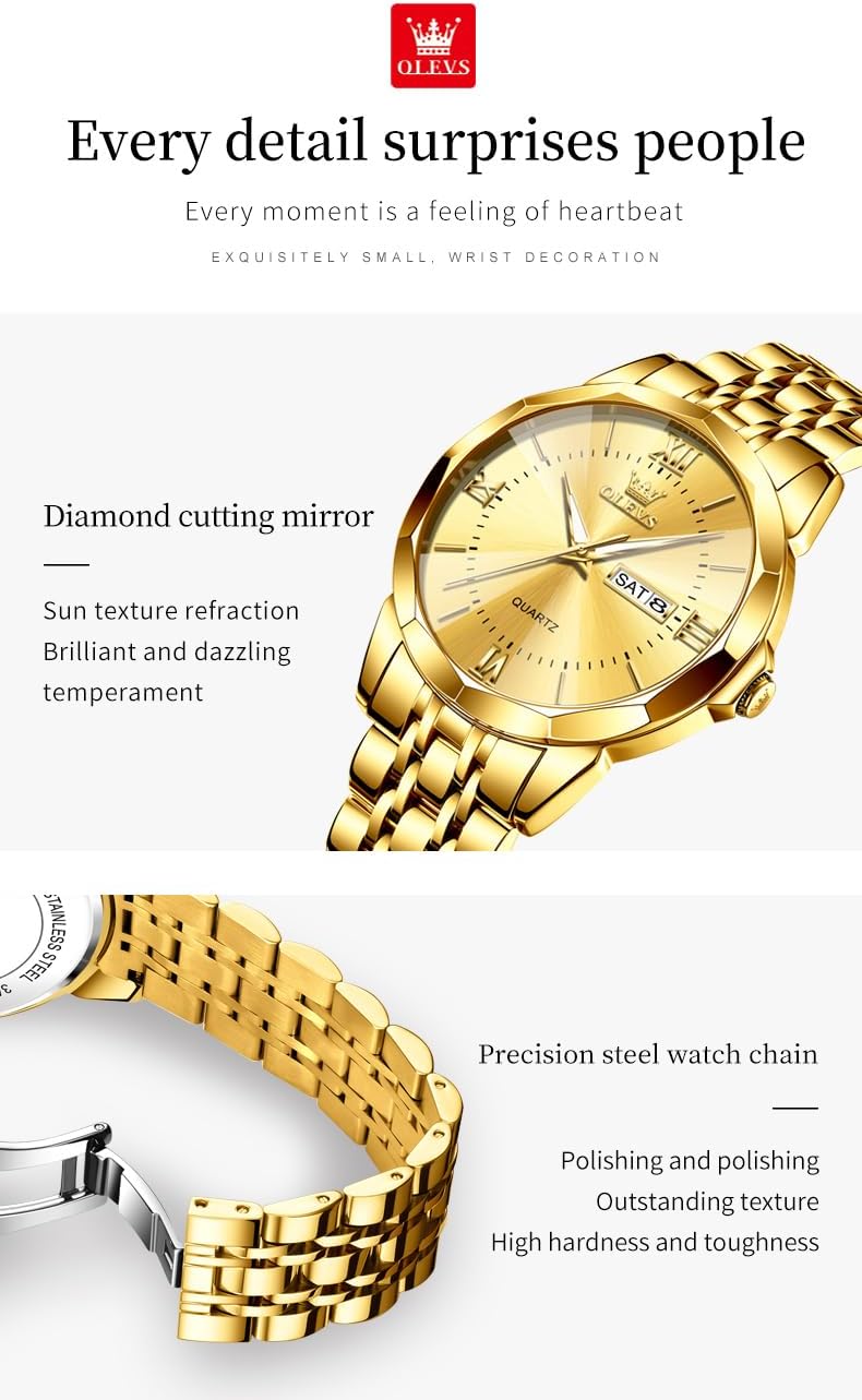 OLEVS Watches for Couple Luxury Fashion His and Hers Stainless Steel Calendar Date 3ATM Waterproof Luminous Wrist Watch for Men Women Lovers Wedding Dating Romantic Gift Set of 2