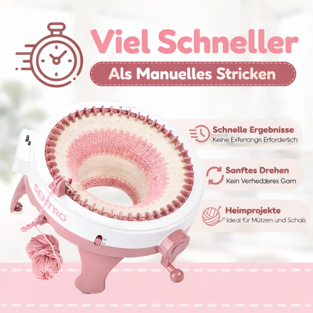 Tiny Thinkers Sentro Strickmaschine XL mit Drehadapter, Rundstrickmaschine mit 48 Nadeln, 20x schneller als Handstricken, Komplettes Strickset mit Zubehör & E-Book, Für Anfänger & Fortgeschrittene
