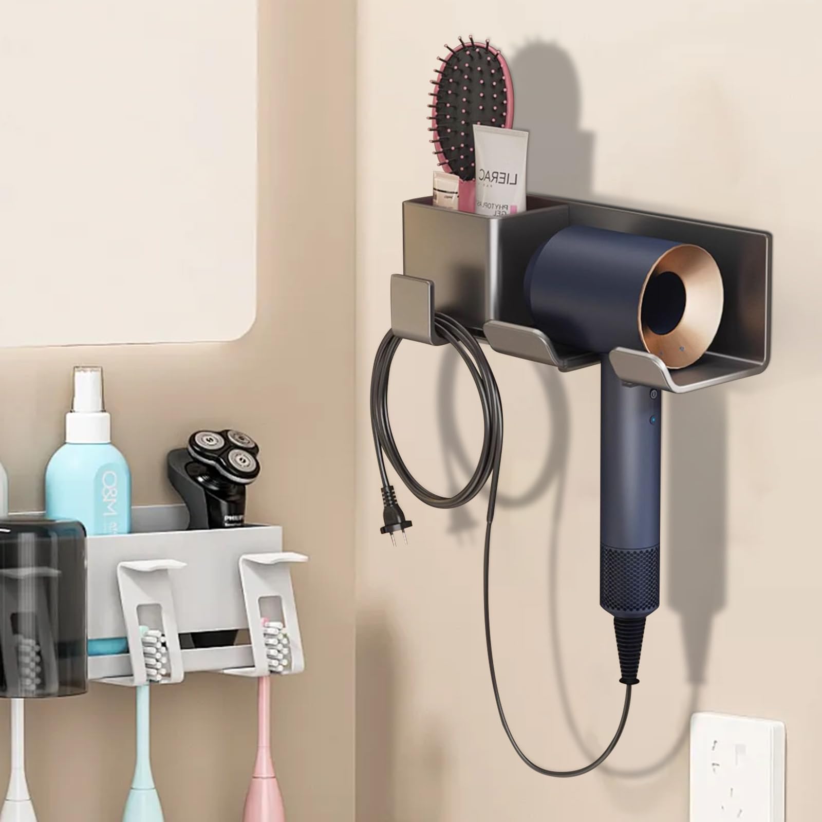 hair dryer holder wall mounted?hairdryer holder for bathroom?with organizer and plug and cord organizer?Punch-Free Installation?suitable for bathroom and cabinet doors