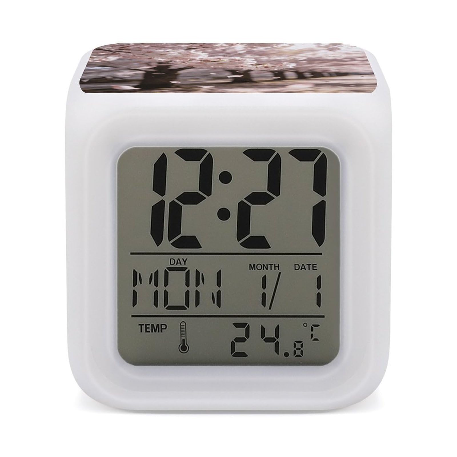 LZQPOEAS Japanese Cherry Blossom Alarm Clock with 7 Color Changing Nightlight for Bedroom Calendar Temperature Display Wake Up Digital Clock Small Desk Clocks for Heavy Sleepers Adults