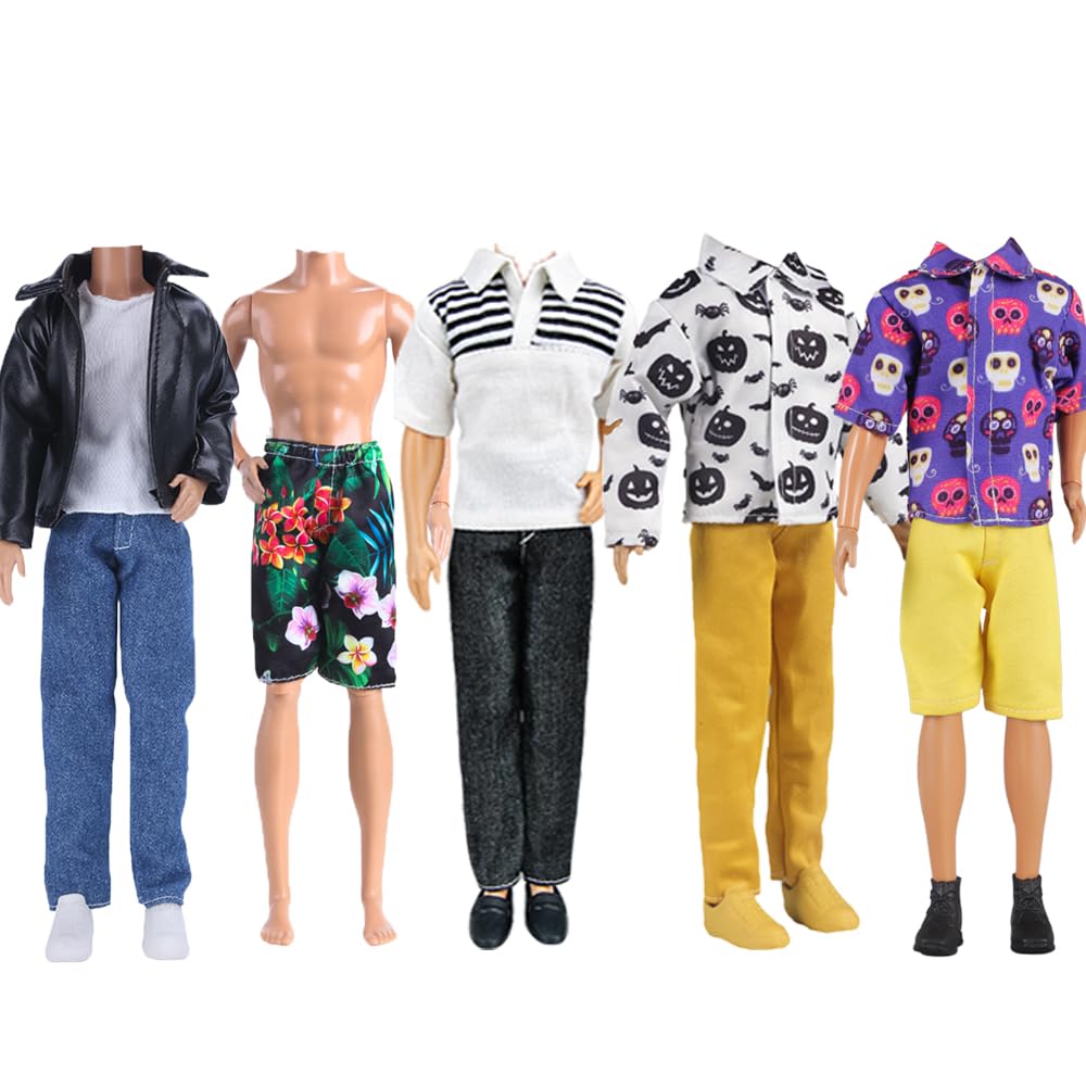 E-TING 10-Item Fantastic Pack = 5 Sets Fashion Casual Wear Clothes Outfit with 5 Pair Shoes for boy Doll Random Style (Leather Jacket + Casual Wear Clothes + Swimwear)