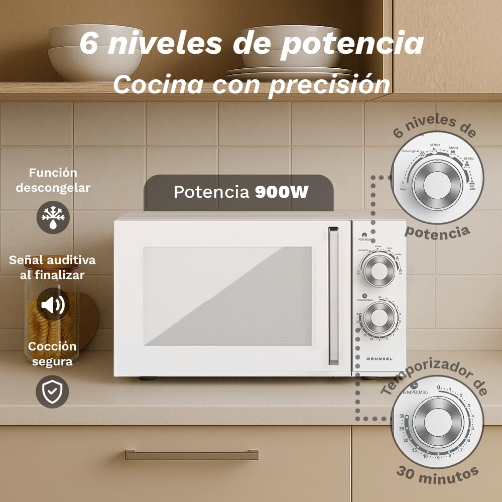 Microonde senza grill MG 25 litri, 900 W, 20 MG 5-6 livelli di potenza, 3 modalità combinate, timer 30 min apertura con maniglia e vassoio Ø245 mm (senza griglia)