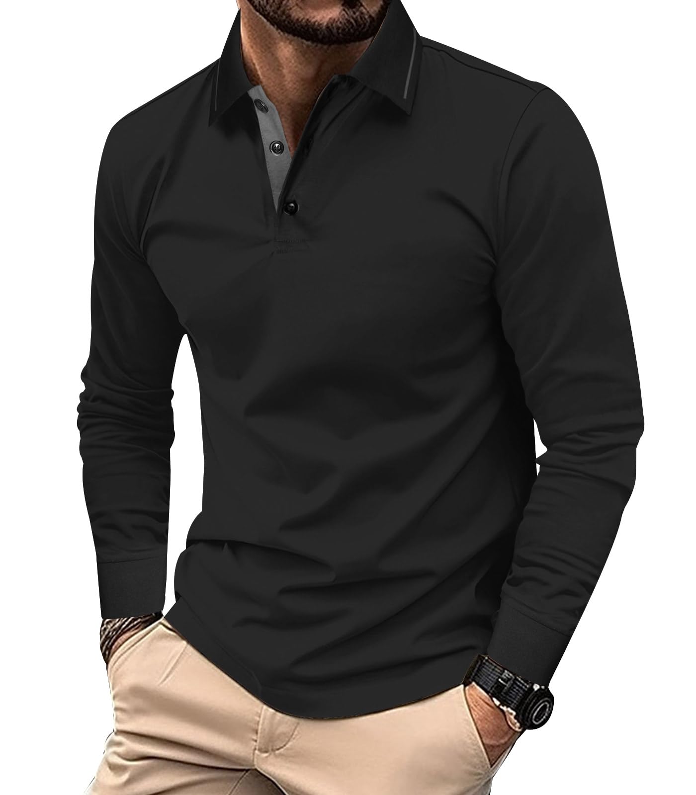 Comilaka Uomo Polo Casual Manica Lunga Poloshirt Top Golf Maglietta Cotone Colori a Contrasto Autunno Inverno Classico