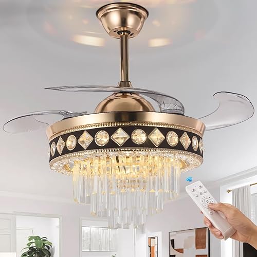 MORE CHANGE Ventilador de techo retráctil moderno de 42 pulgadas con luz y control remoto, ventilador de techo de cristal dorado con aspas