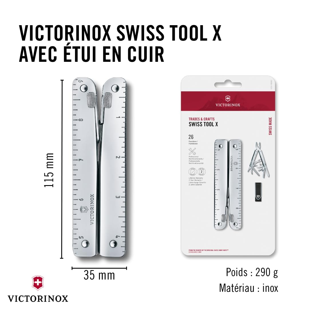Victorinox Outil Multifonction Swiss Tool X, 26 Fonctions, Swiss Made, Outil Multifonction avec Lame Blocable, y c. Étui en Cuir, Argent