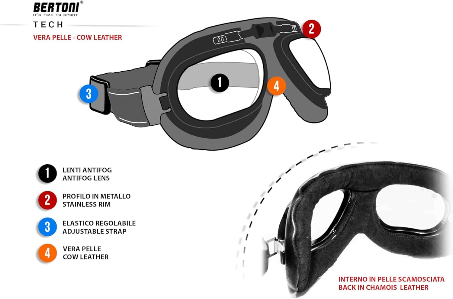 Bertoni Motorcycle Goggles Real Black Calfskin Leather AF191L Italy Vintage Aviator Bikers Glasses