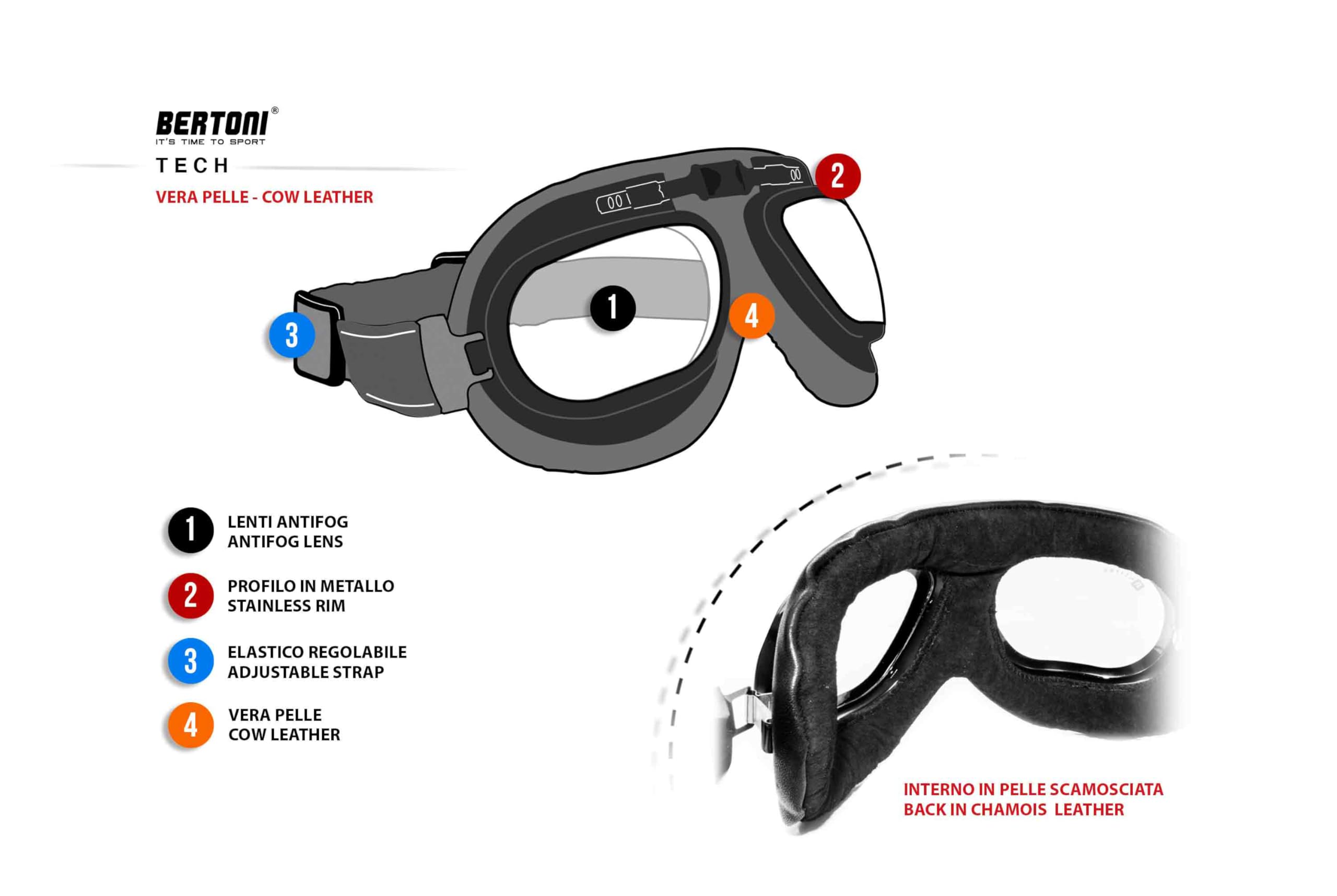 Bertoni Lunette Moto en Cuir de Veau avec Verres Anti-buée - Profil en Acier Inoxydable AF191L