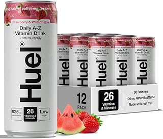Daily A-Z Vitamins Energy Drink, 12 x 330ml Cans, Strawberry & Watermelon Sparkling Multivitamin Energy Drink, Fizzy Drinks Made with Real Fruit, Rich in Electrolytes, Low Calorie, Caffeine Boost