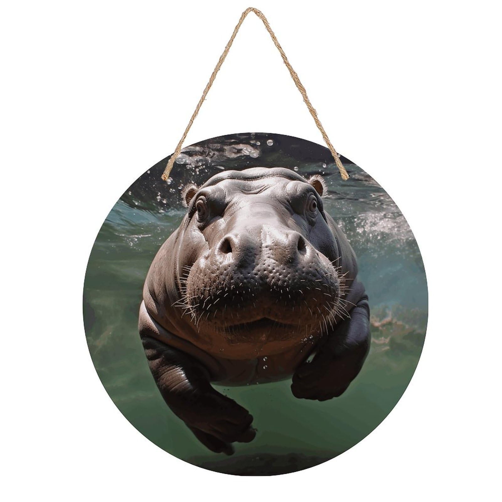 VstaDank Diving Hippo Wall Art Decor with Ropes Wooden Hanging Sign Hanging Wall Decor Artwork Round Wood Painting Modern Wall Prints Decor Picture for Office Bar Home Decors