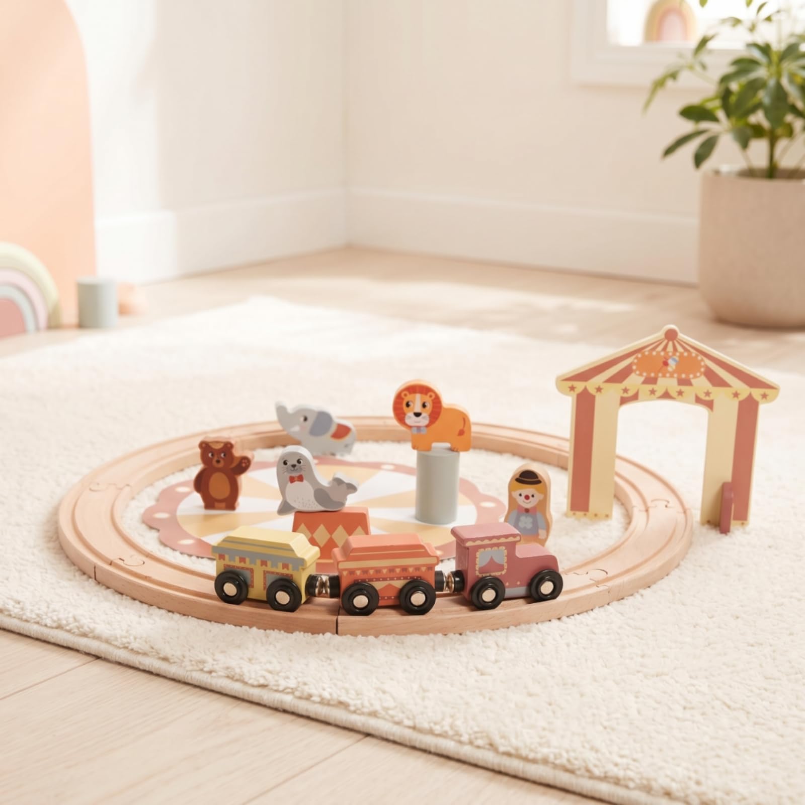 Treno di Legno per Bambini Set Costruzioni Ferrovia Carrozze in Faggio Levigato con Dettagli Dipinti per Narrazioni Adatto a Gioco Domestico Cameretta Regali