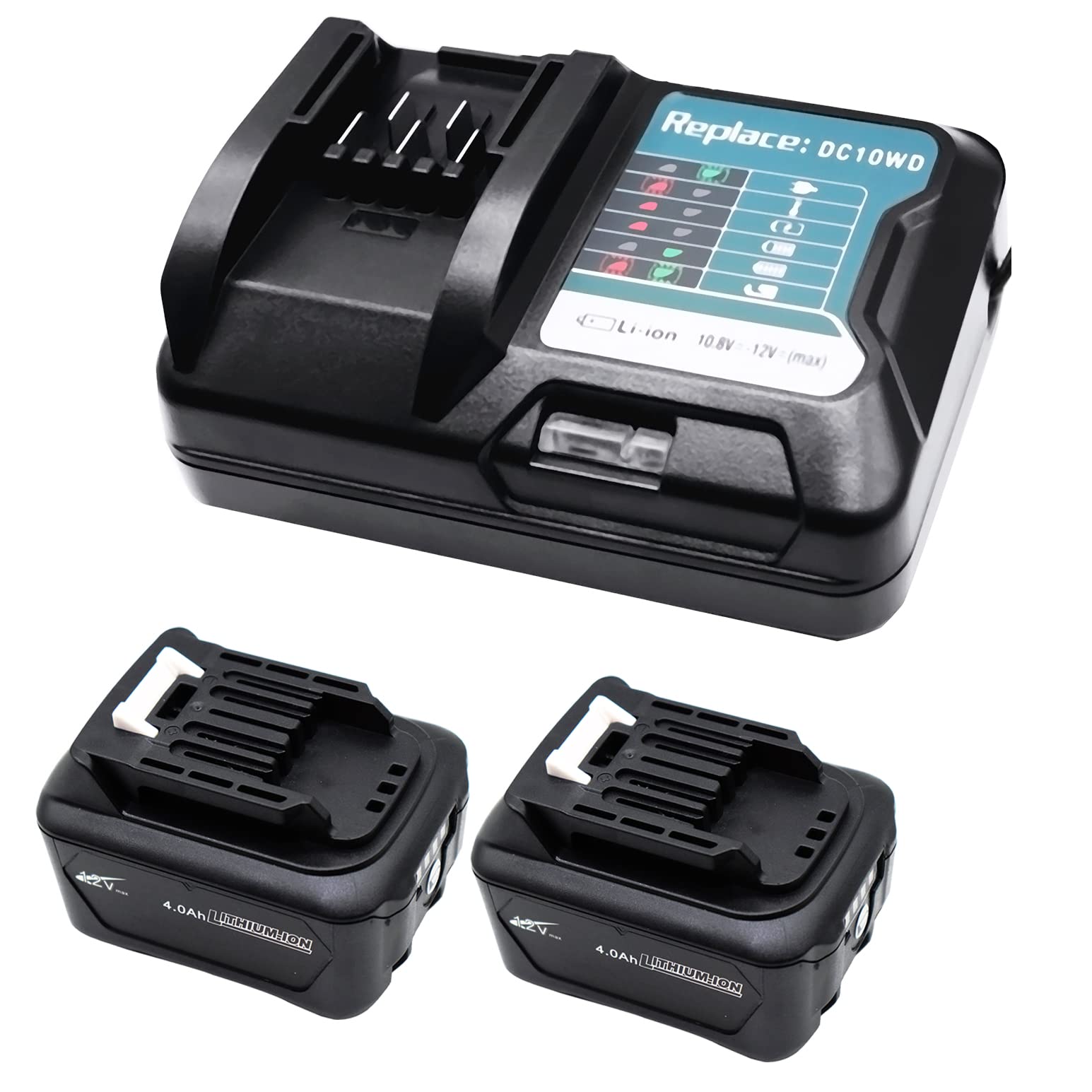 GOLEMONยฎ 2X 4.0 Ah BL1041B Battery & 12V DC10WD Charger compatible with Makita BL1020B BL1021B BL1015 BL1016 BL1040B Battery; for Makita DC10WD DC10SB
