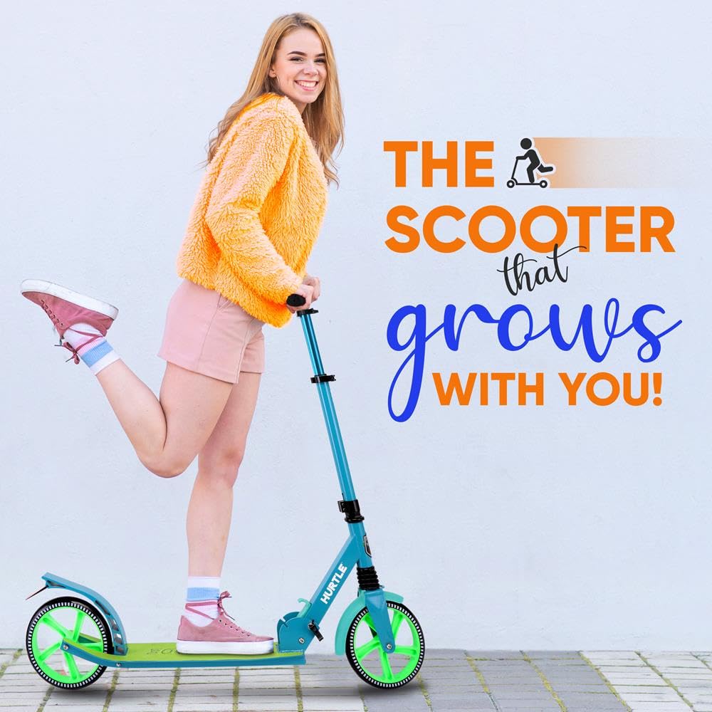 Hurtle Patinete de Ciudad con Ruedas XXL, Plegable hasta 100 kg, Altura Ajustable con Correa, Freno de Pedal y Soporte para Viajes Escolares, Ocio y Transporte Urbano, para niños, Adolescentes y