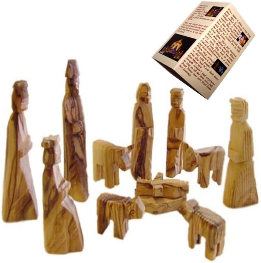 Holy Land Market Olive Wood Children's Nativity Scene - 12-Piece Indoor Wooden Nativity Set, Handmade in Bethlehem, with Pictorial Story Booklet & Authenticity Certificate, 4-Inch Figures