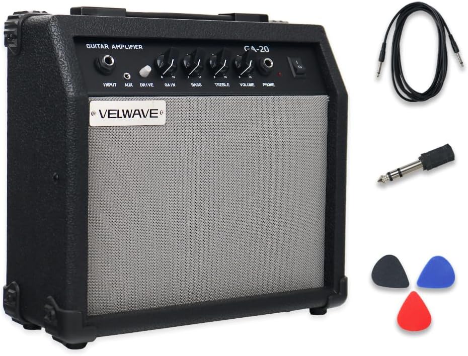 Electric Guitar Amplifier 20W Black Portable Smart amp 6.5'' Speaker 6.5mm Input 3.5mm aux Drive gain bass Treble Volume and Headphone Jack Practice amp