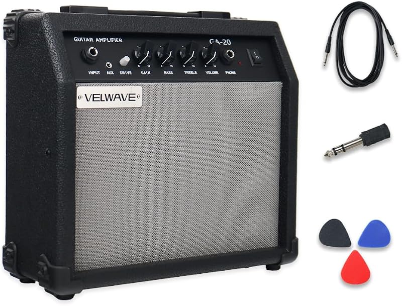 Amplificador de guitarra eléctrica 20W Negro Amplificador inteligente portátil parlante de 6.5 '' Entrada de 6.5 mm Auxiliar de 3.5 mm Ganancia de unidad Graves Volumen agudo y conector para auriculares Amplificador de práctica