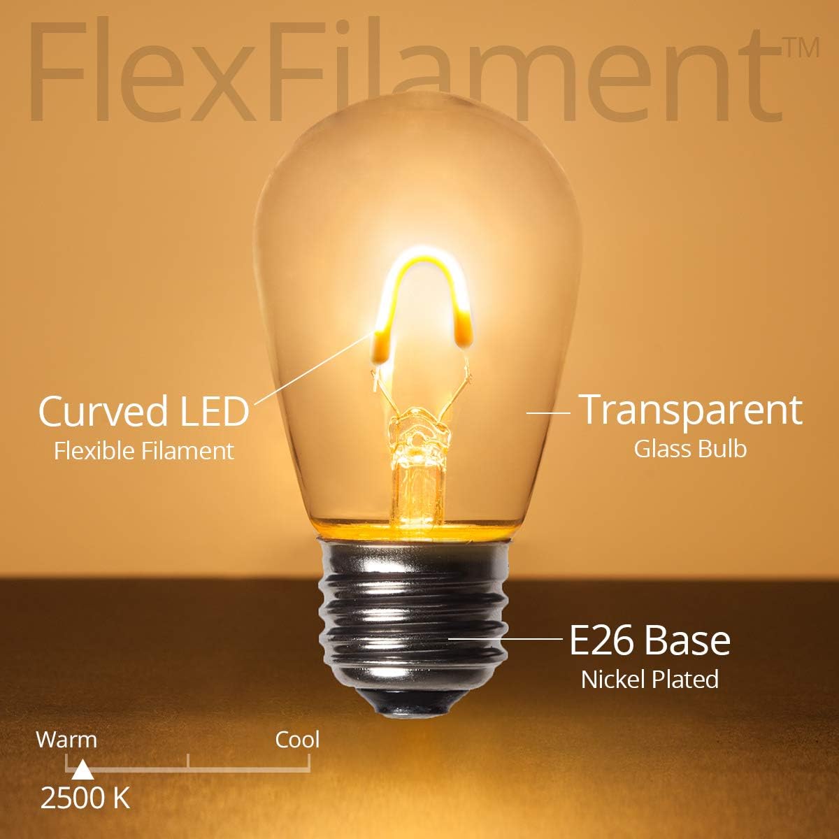 Wintergreen Lighting 5 Pack FlexFilament S14 LED Edison Light Bulbs 60 Lumens 2500K, Backyard Lights Patio String Lights LED Outdoor String Lights S14 Bulbs Decorative Lights (Glass, Warm White)