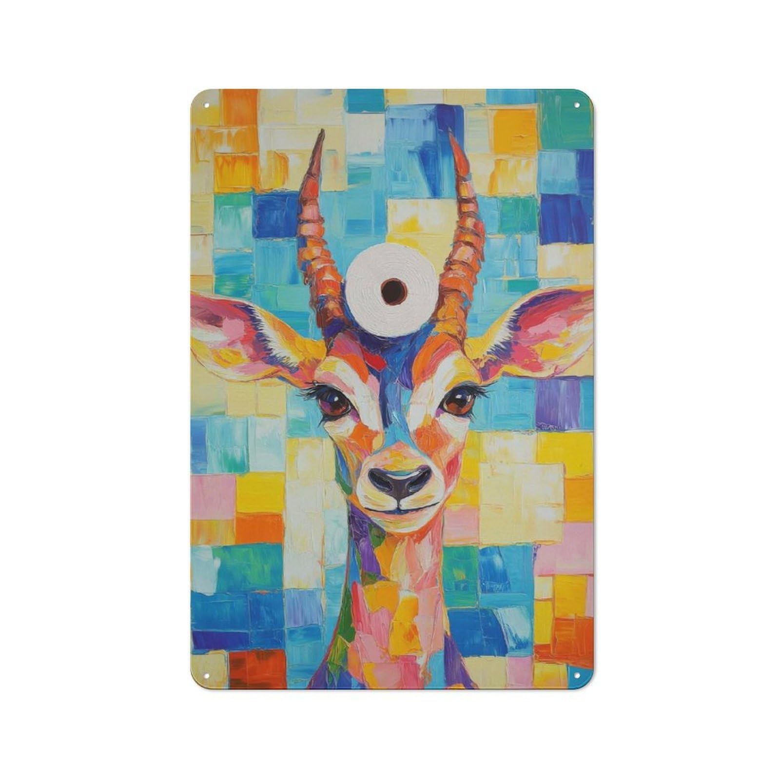 Junmoney Colorful Gazelle With Toilet Paper Metal Wall Plaque 30X20cm, Simple Retro Office Wall Decor For Office, Study, Studio Or Hallway