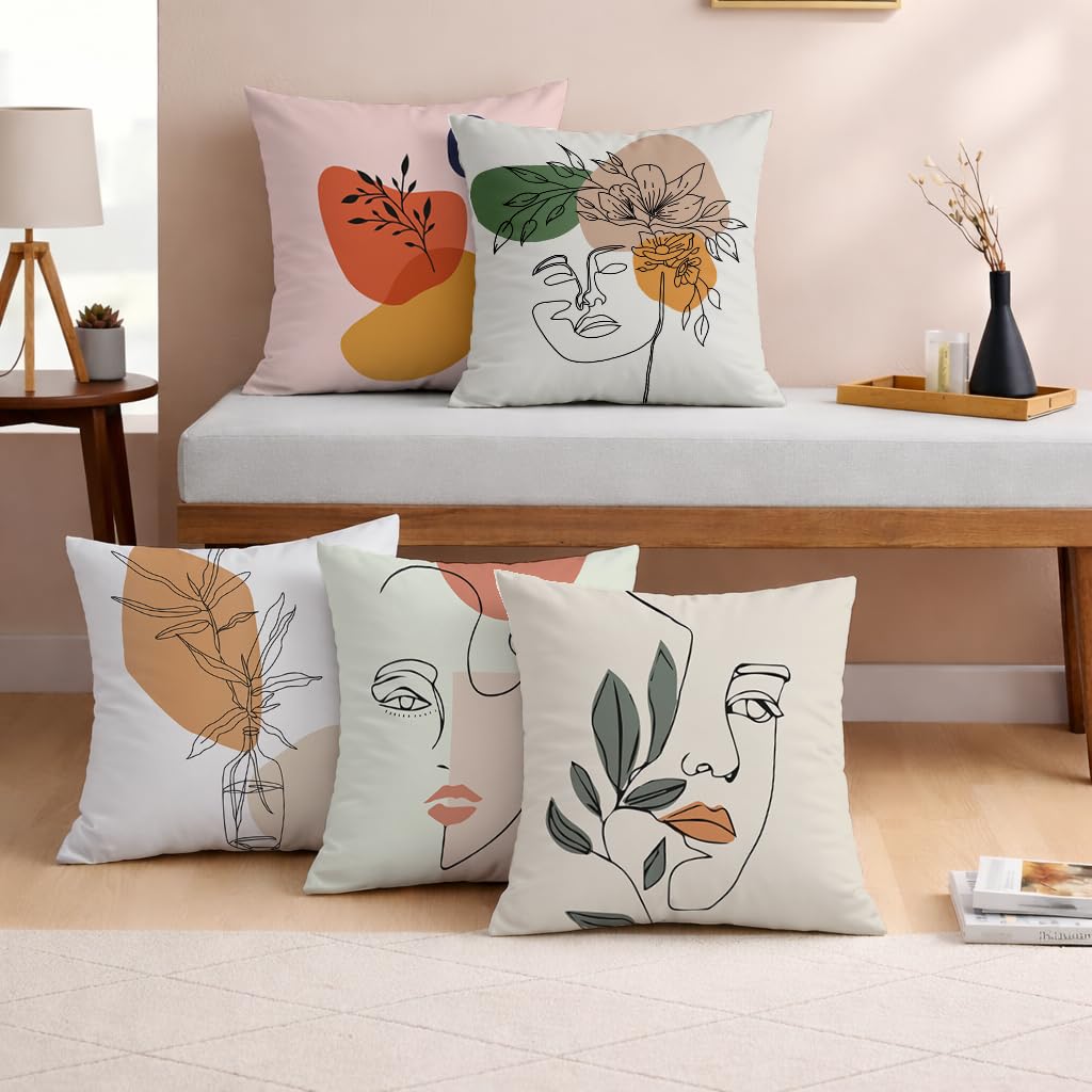 STITCHNEST Set of 5 Polycotton Cushion Covers – 16x16 Inches – Abstract Deer Line Art in Earthy Tones – Modern Nature-Inspired Cushion Covers for Sofa & Home Decor-image-43