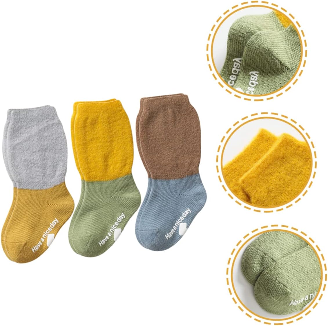 LIFKOME 3 Pairs Non-Slip Warm Socks for Babies Colorful Mid-Calf Socks with Grips Recommended for 6-12 Months