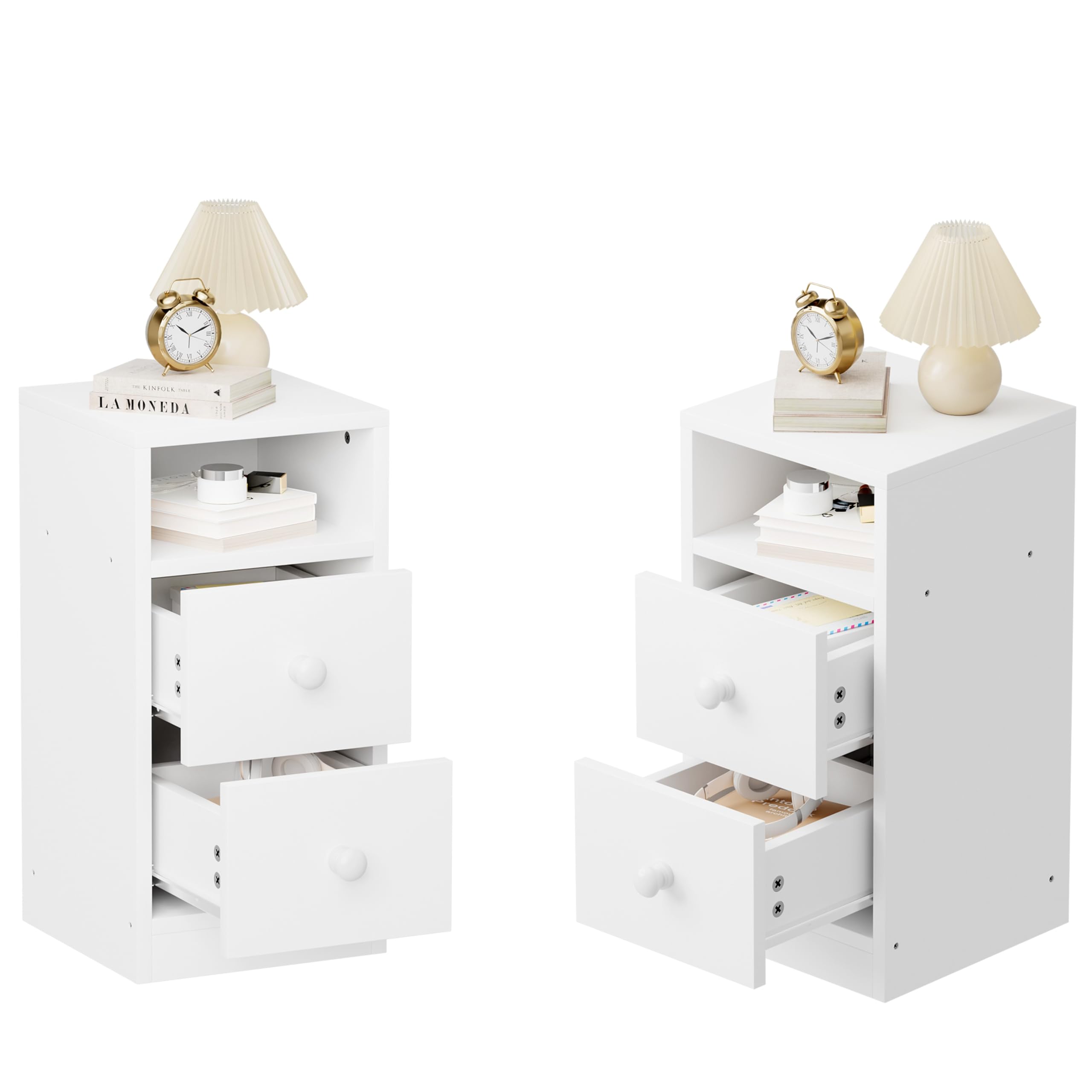 Bonnlo Nachttisch Weiß 2er Set, Kommode mit 2 Schubladen, Konsolentisch Schmal mit offenem Fach, Nachtschrank Boxspringbett aus MDF mit Stauraum für Schlafzimmer, Modern, 25x30x60cm