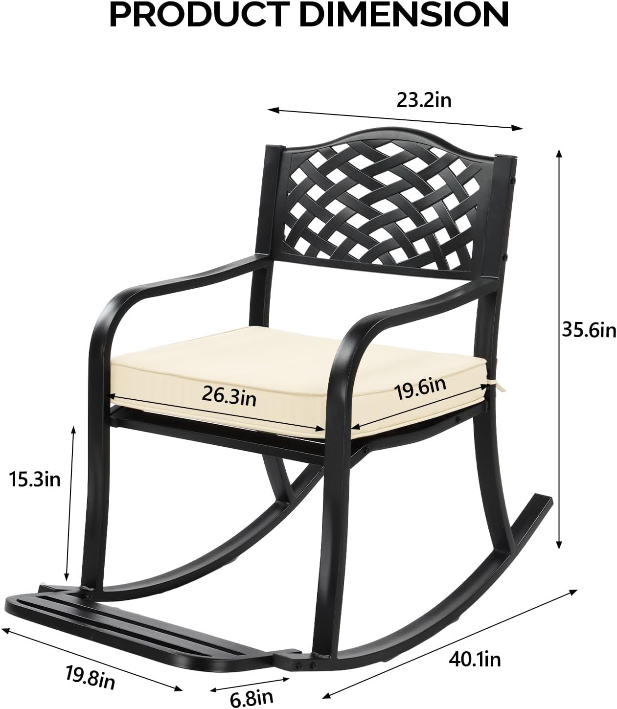 Black Iron Rocking Chair, Beige Cushion, Grid backrest, Suitable for Living Room, Bedroom, Balcony, Terrace, Courtyard, Office