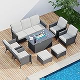 8 Pieces Outdoor Patio Furniture Set with 44' 55000BTU Gas Propane Fire Pit Table, PE Wicker Patio Conversation Sets with Coffee Table & Thick Cushions for Yard, Garden, Porch, Pool