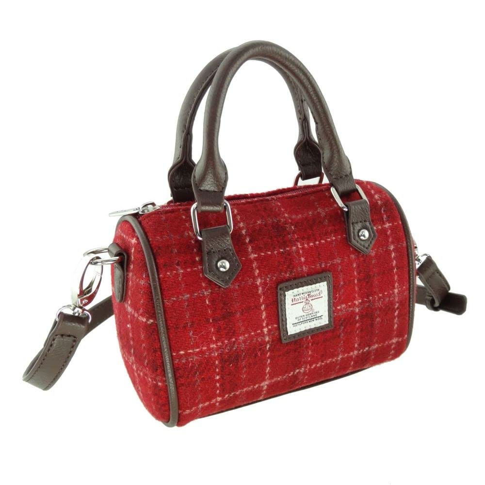 The Scotland Kilt Company Ladies Harris Tweed® Mini Bowling Bag - Kilbride - Deep Red Check - Women's Removable Shoulder Strap Handbag