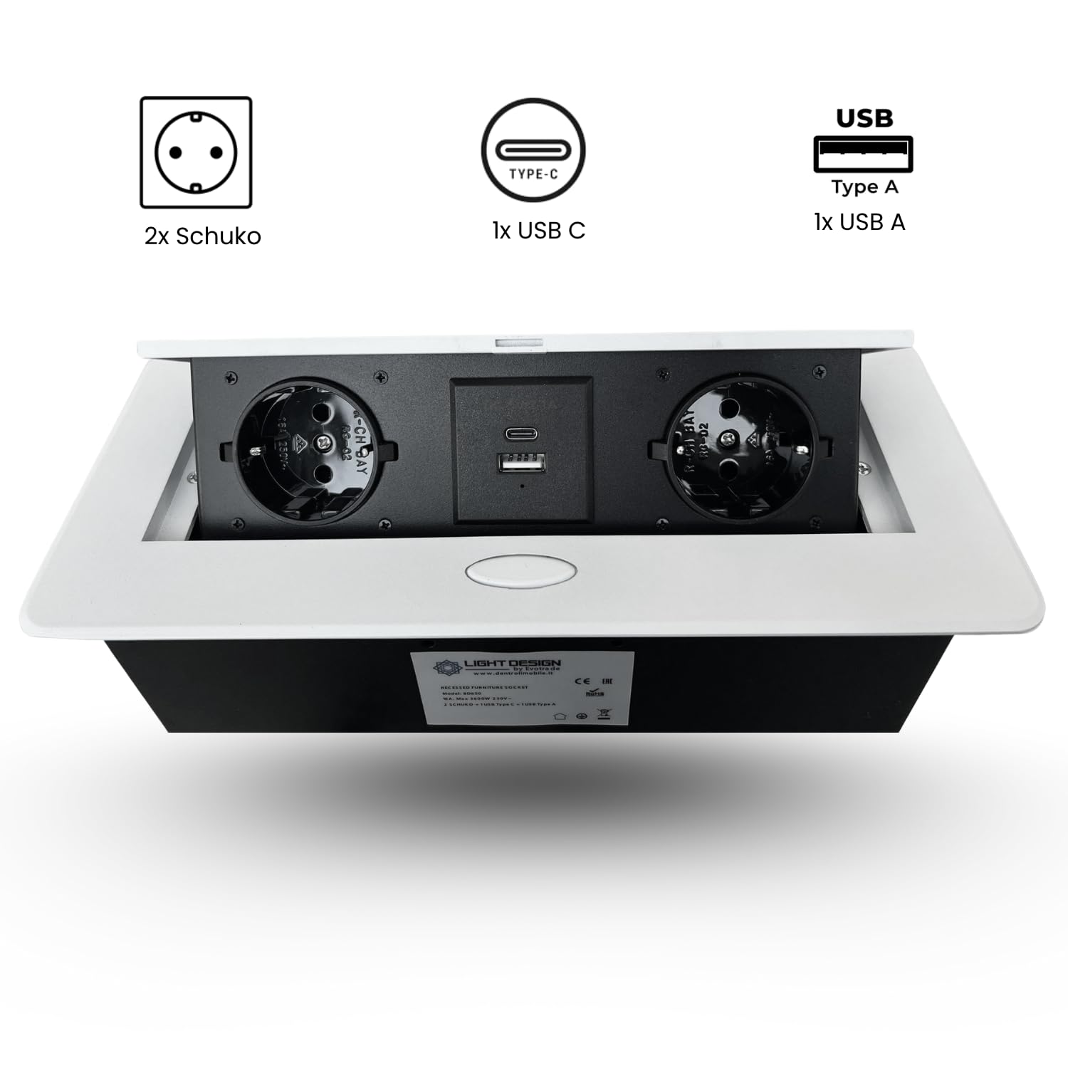 EVOTRADE Multiprise encastrée avec 2 prises SCHUKO + 2 prises USB (A+C), câble de 1,5 m - Pour bureau, salle de réunion, plan de travail - Couleur blanche