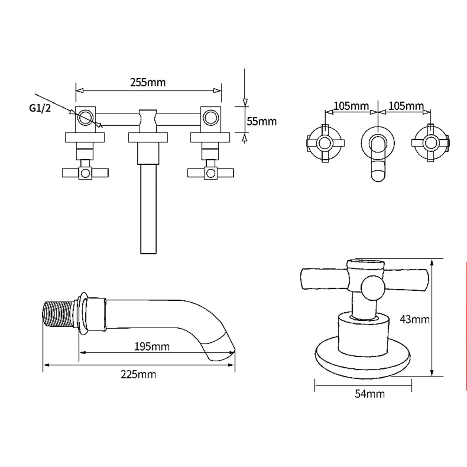 Faucet Bateria ścienna Bateria łazienkowa Bateria umywalkowa Baterie wannowe z wylewką 20 cm Baterie umywalkowe Uchwyt krzyżowy Ciepła i zimna podtynkowa bateria do zlewu Baterie wannowe Szczotkowane