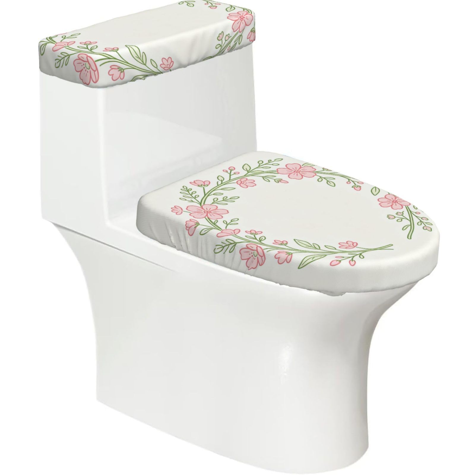 Flower Crown Wreath Elastic Toilet Cover Set of 2-Stretchy Lid and Tank Covers for Bathroom, Soft Washable U Shape Toilet Decor