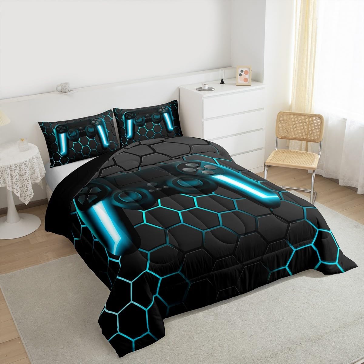 Queen Size Gaming Bedding Set for Boys & Teens - Kids Gamer Comforter Set,Neon Lights Gamepad Bedding with Hexagon Quilt & 2 Pillowcases, All-Season Soft Game Duvet Insert, Blue-Grey Gamer Room Decor image 4