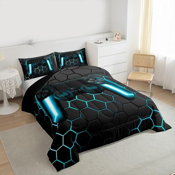 Queen Size Gaming Bedding Set for Boys & Teens - Kids Gamer Comforter Set,Neon Lights Gamepad Bedding with Hexagon Quilt & 2 Pillowcases, All-Season Soft Game Duvet Insert, Blue-Grey Gamer Room Decor