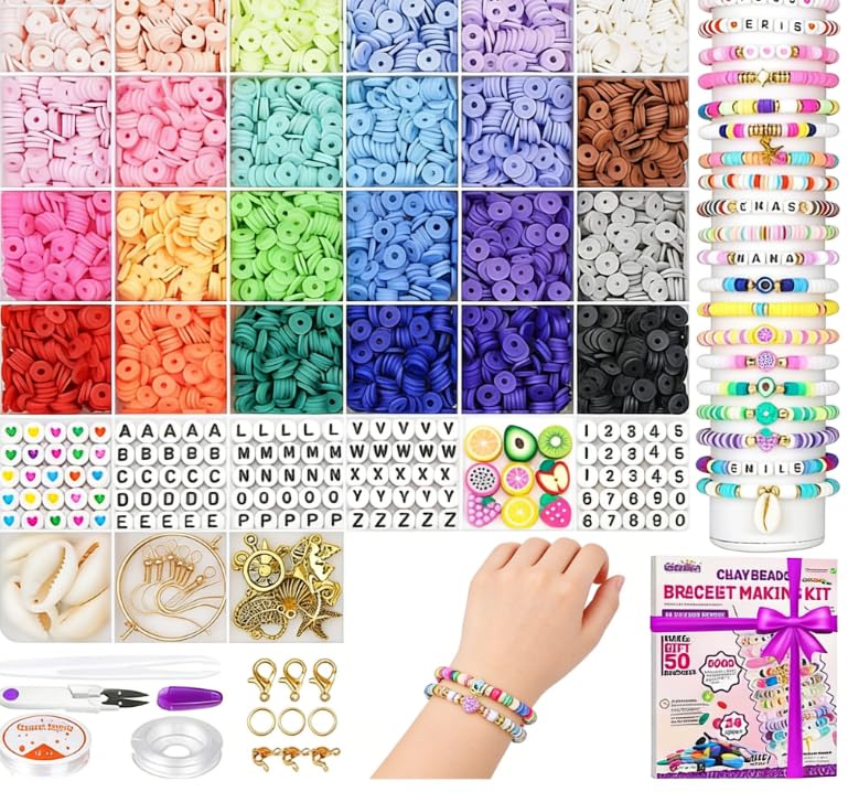 YDAKGUEY Bracelet Making Kit, 6000Pcs Jewellery Making Kit with Letter & Fruit Beads, Clay Beads for DIY Bracelet Necklace Earring Arts and Crafts Gifts