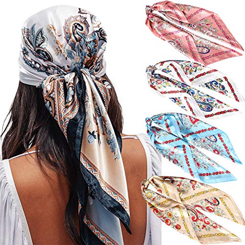 Awaytr Satin Large Square Head Scarves - 4Pcs Silk Like Neck Scarf Hair Sleeping Wraps Lightweight Scarfs For Women (Cashew(Light Blue/Pink/Coffee/White)) #TOP8