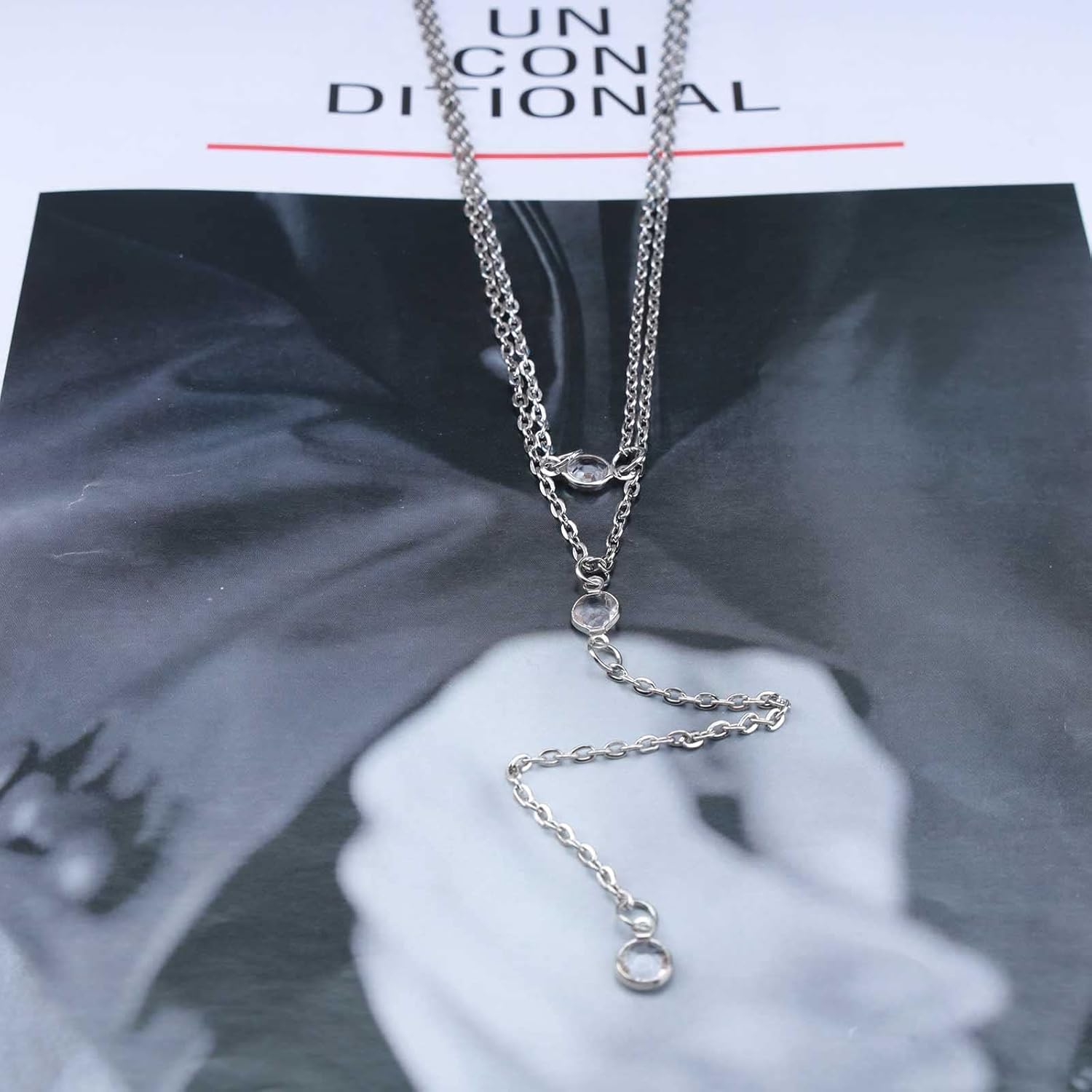 Andelaisi Boho Layered Crystal Y Lariat Necklace Silver Rhinestone Y Necklace Vintage Cz Y Drop Necklace Chain Long Crystal Pendant Necklace Jewelry for Women - Image 5