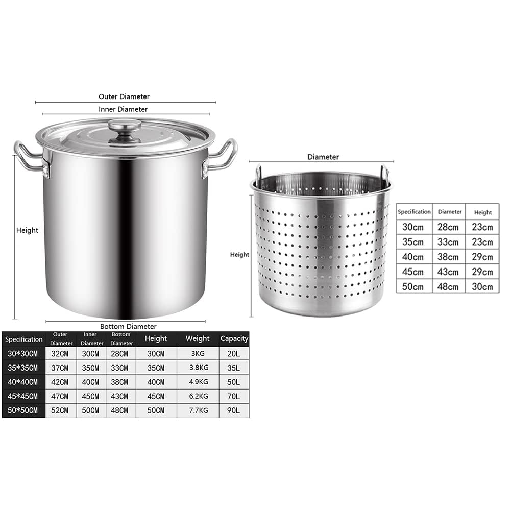 20-90l olla de almacenamiento con cesta de colador y mango retráctil, olla de cocina de mariscos de acero comercial olla de caldera de pescado de cangrejo de pavo freidora para cocinar al vapor y